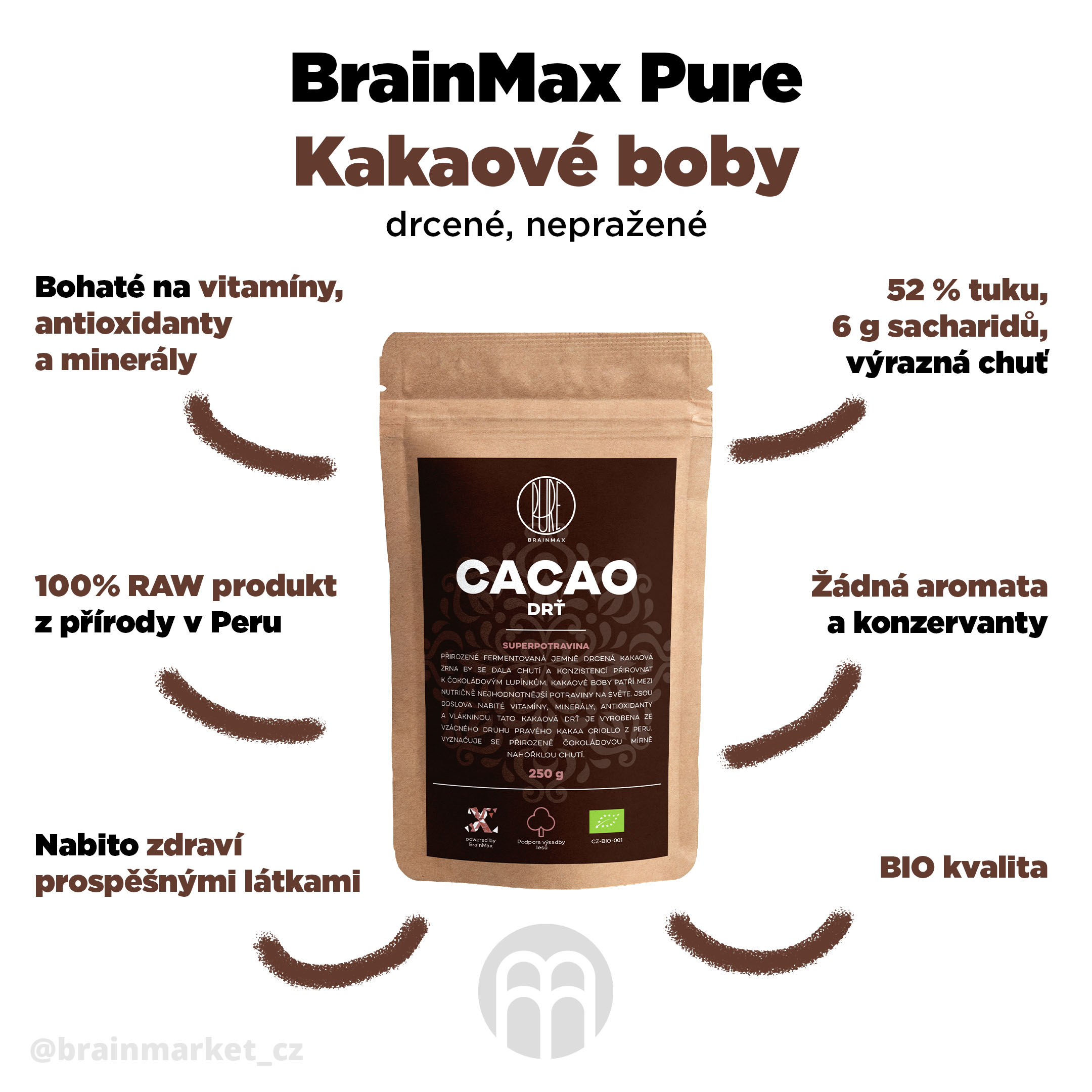 BrainMax Pure Drcené kakaové boby nepražené - BrainMarket.cz