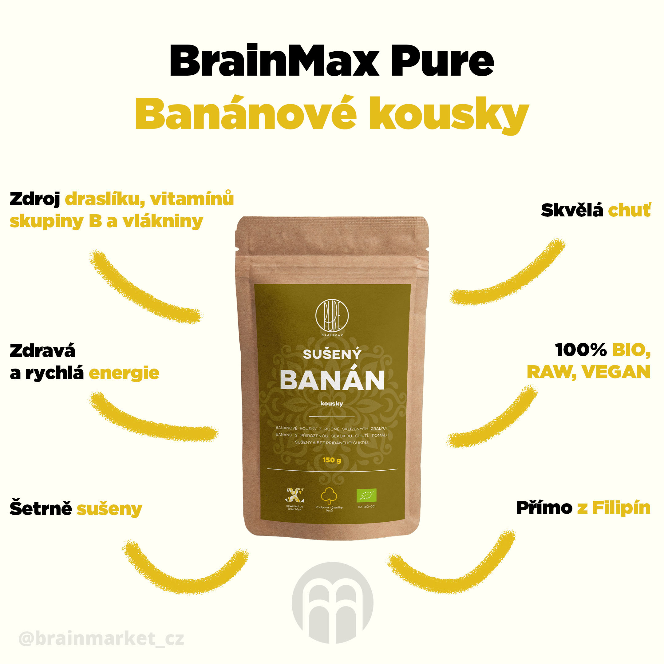 BrainMax Pure banánové kousky sušene - BrainMarket.cz