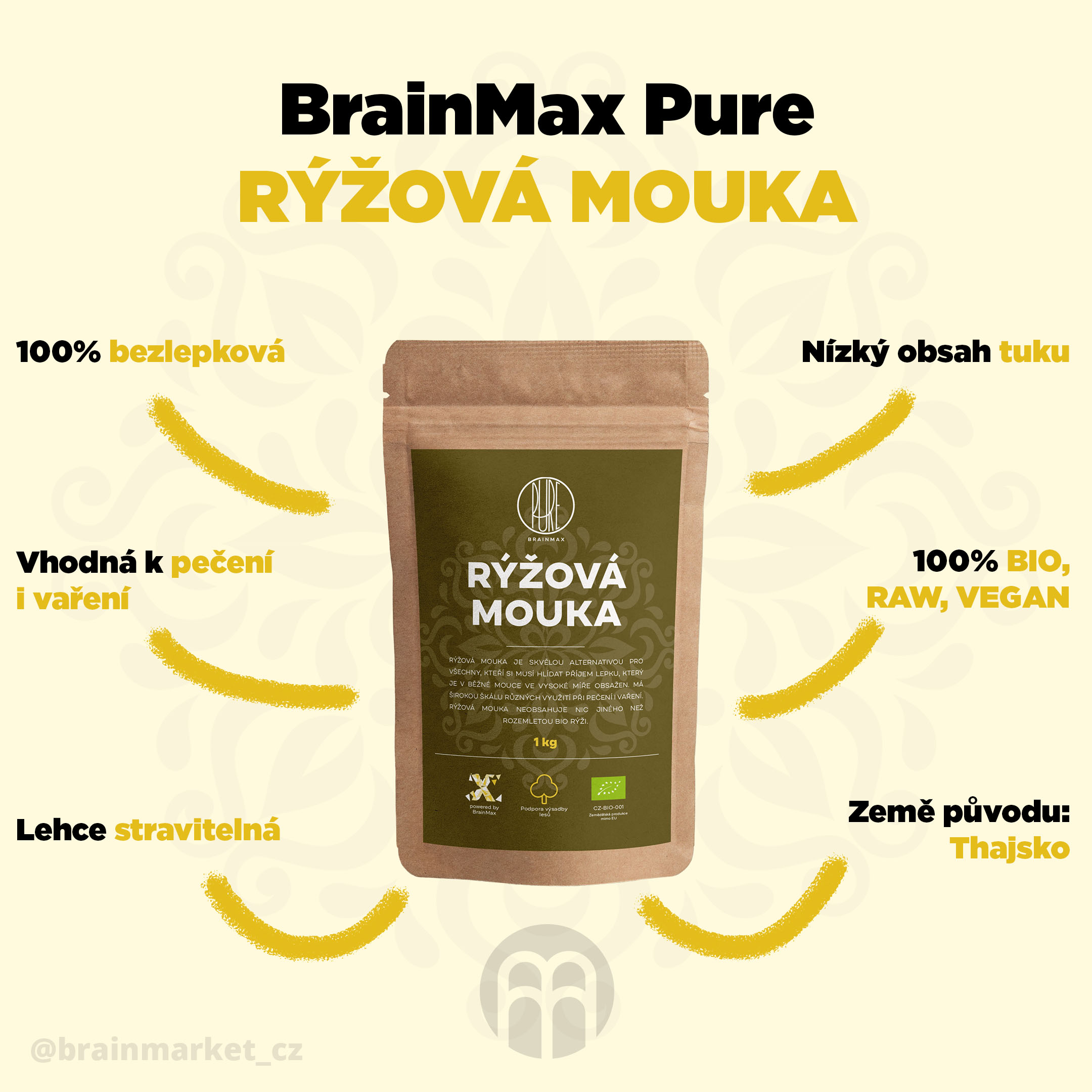 BrainMax Pure Rýžová BIO mouka 1 kg - BrainMarket.cz