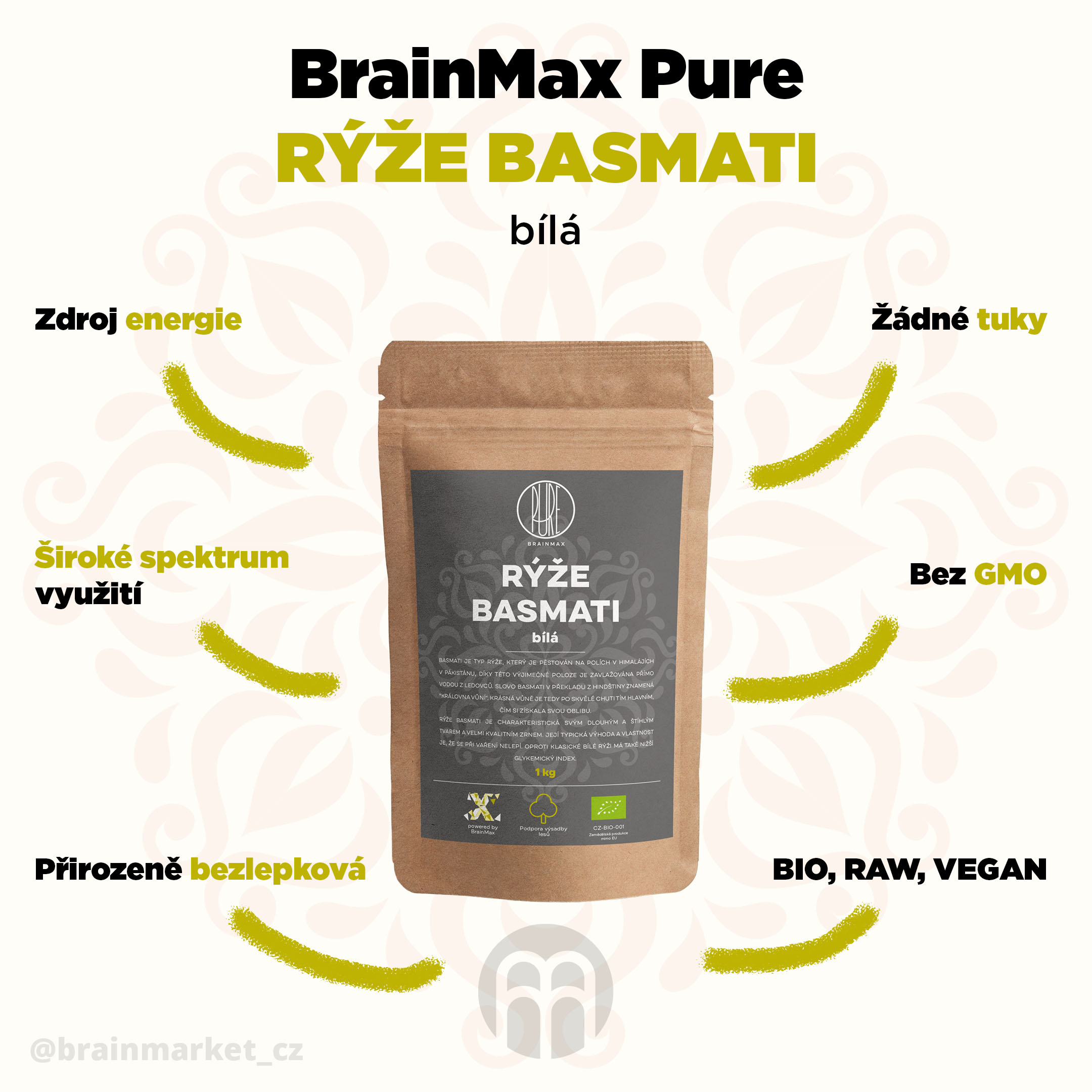 BrainMax Pure Rýže - bílá, Basmati BIO, 1kg - BrainMarket.cz