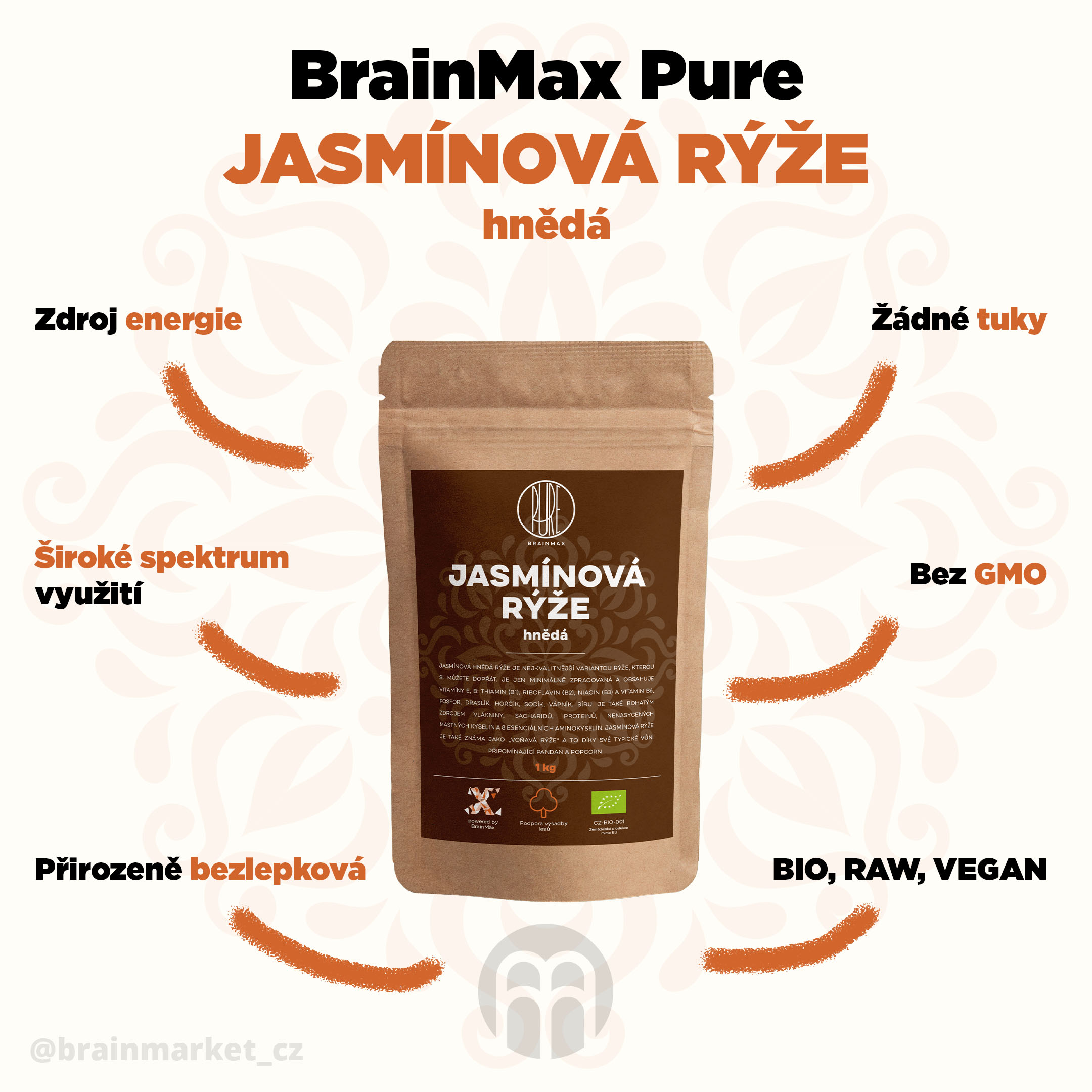 BrainMax Pure Rýže - hnědá, Jasmínová BIO, 1kg