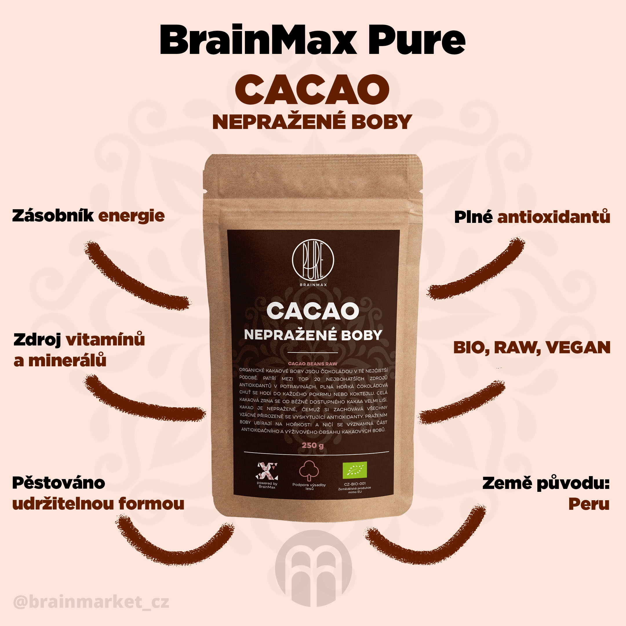 BrainMax Pure Cacao beans RAW (kakaové boby) BIO - BrainMarket.cz