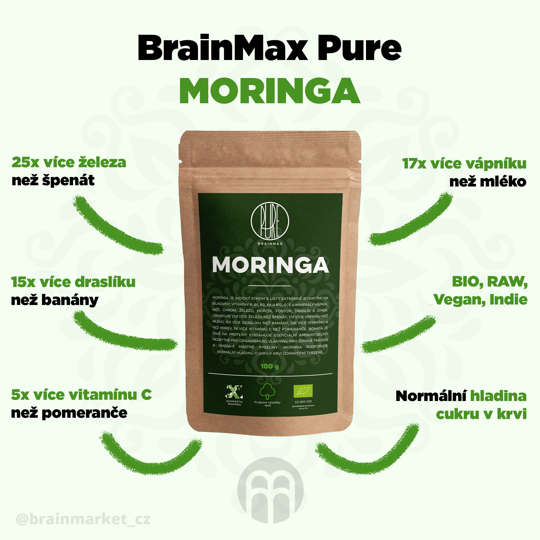 BrainMax Pure Moringa BIO prášek, 100 g - BrainMarket.cz