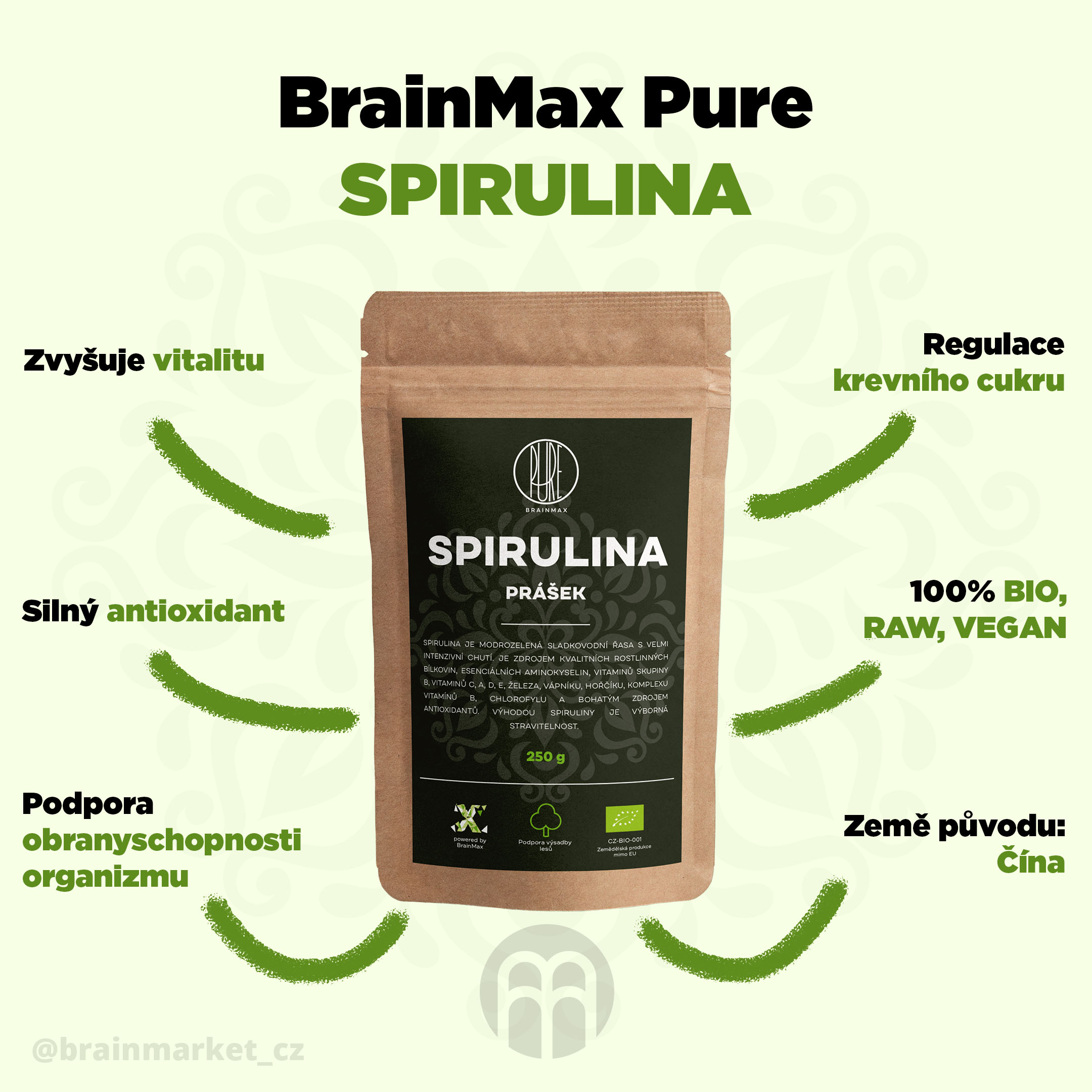BrainMax Pure Spirulina BIO prášek, 250 g - BrainMarket.cz
