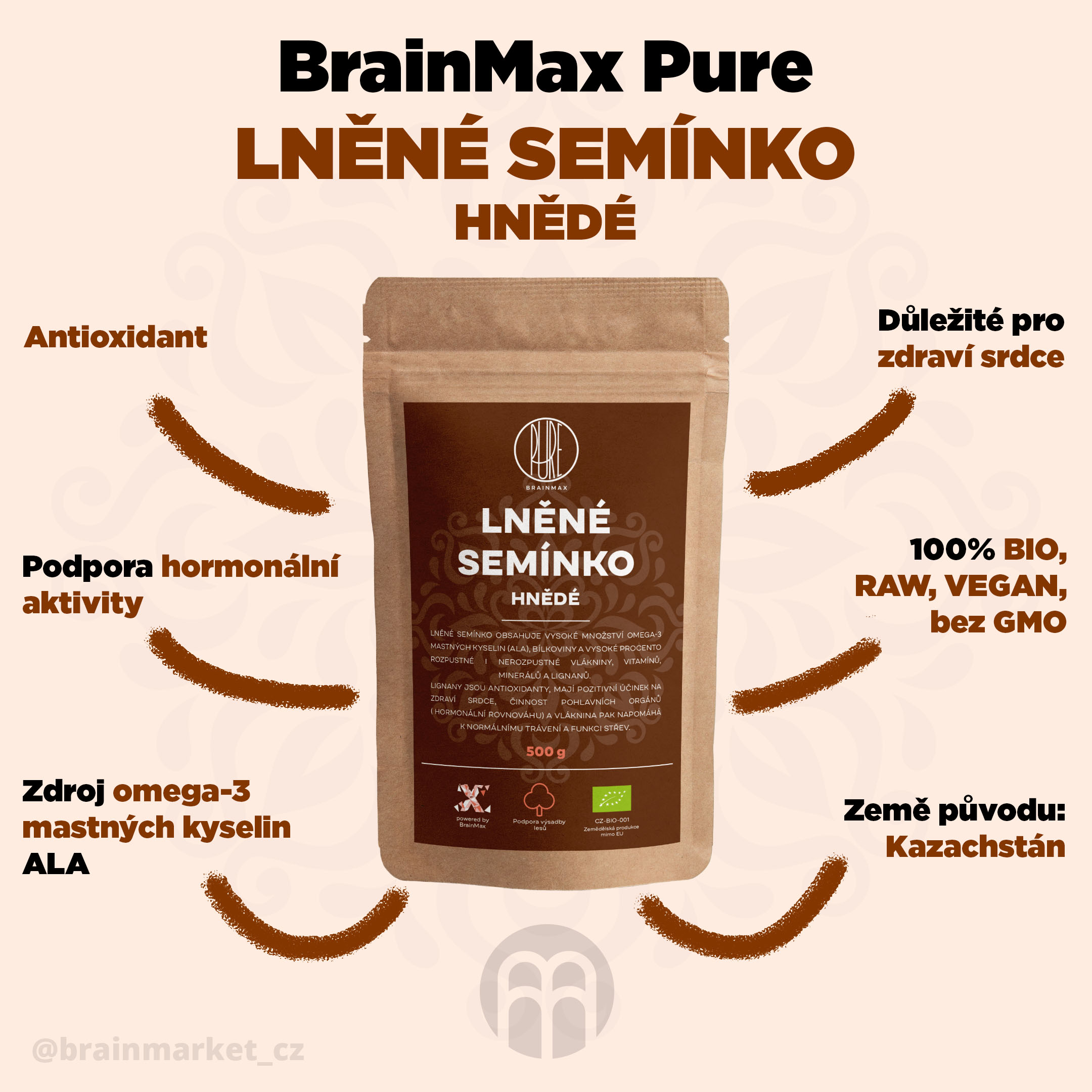 BrainMax Pure Lněné semínko (hnědé) BIO, 500 g