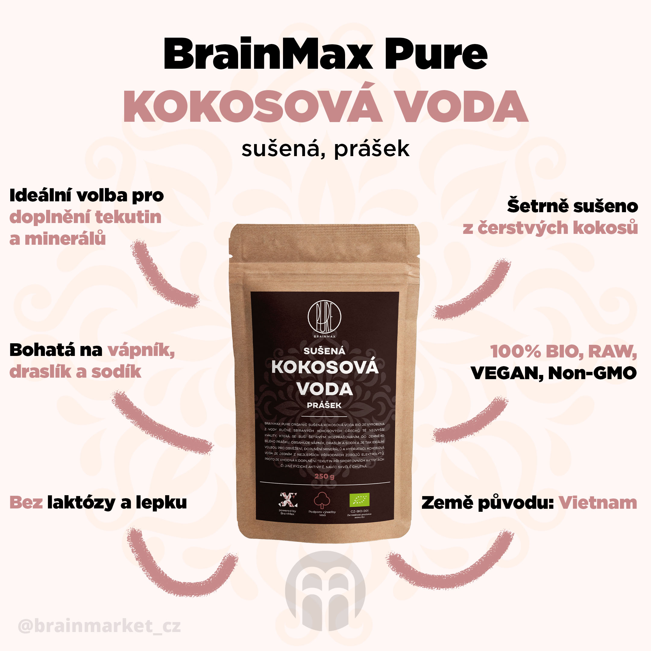BrainMax Pure Kokosová voda BIO prášek, 250 g - BrainMarket.cz