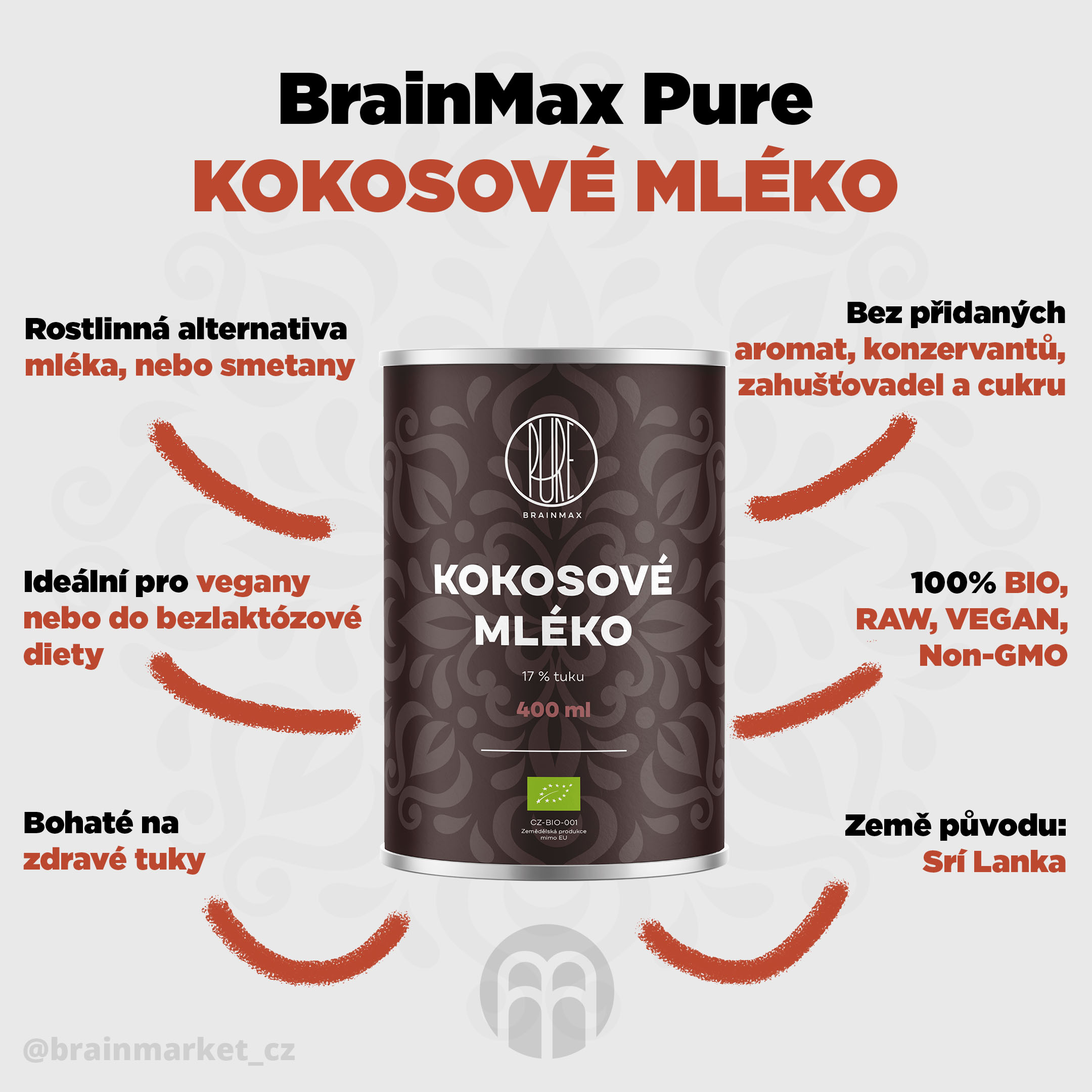 BrainMax Pure Organic Kokosové mléko 17% tuku - BrainMarket.cz
