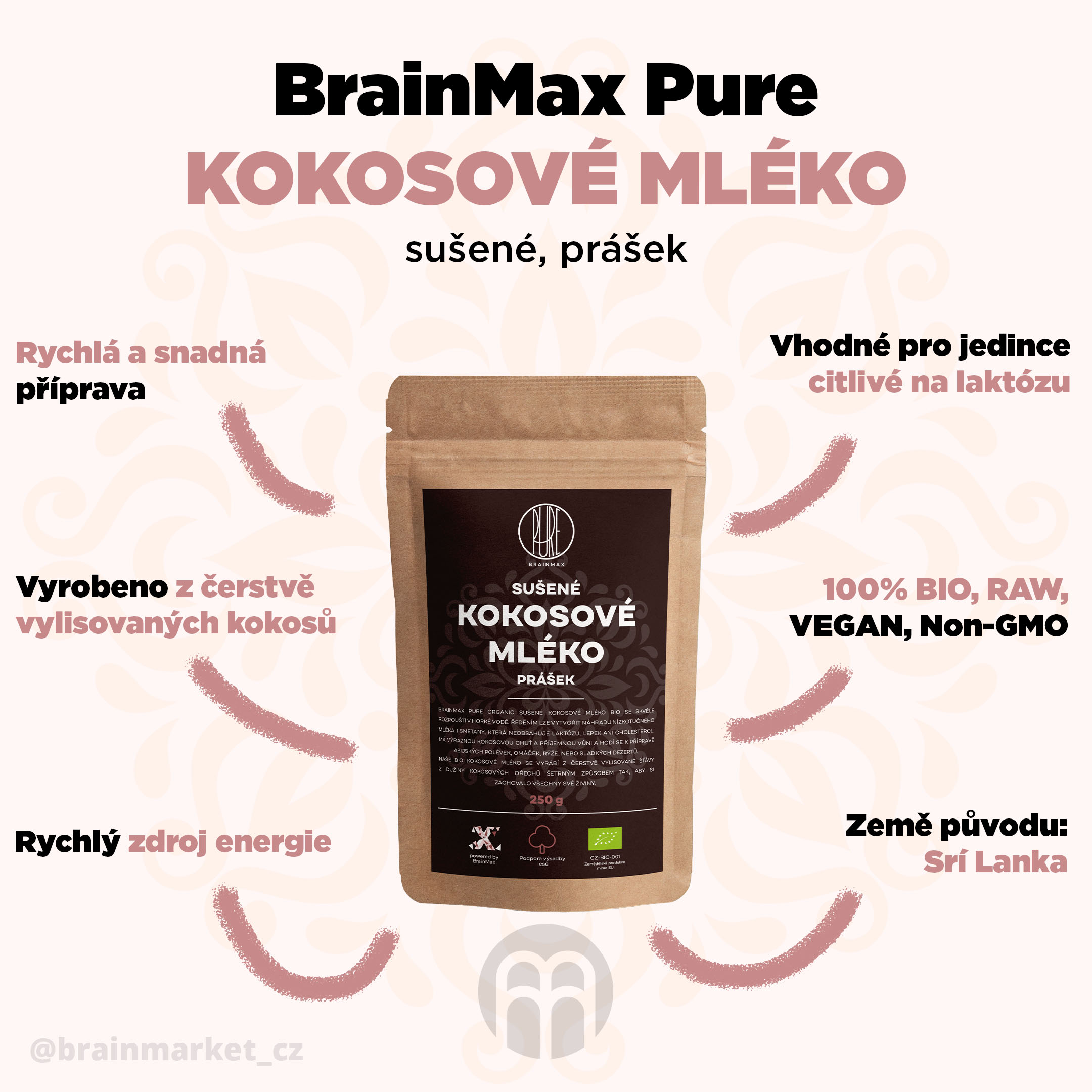 BrainMax Pure Kokosové mléko BIO prášek, 250 g - BrainMarket.cz