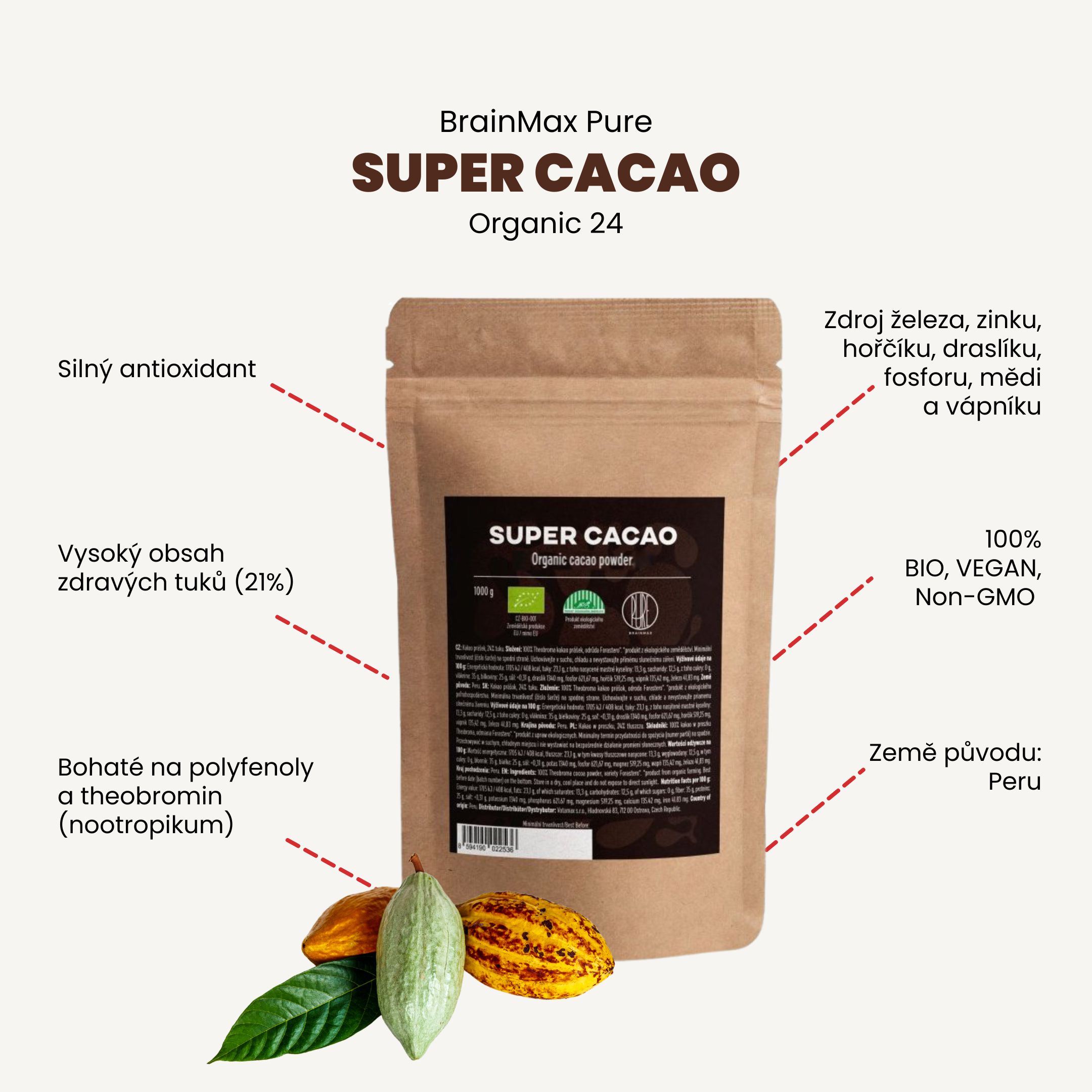 BrainMax Pure Organic 24 Super Cacao, BIO kakao, 500g - BrainMarket.cz