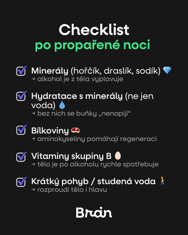 Cílem po párty je doplnit to, co tělo během alkoholu ztratí. Ranní checklist: ✔ minerály ✔ vitaminy skupiny B ✔ bílkoviny...